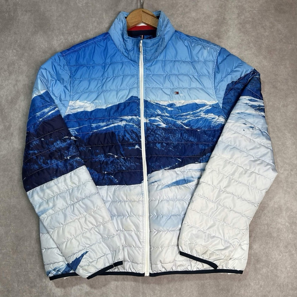 Tommy Hilfiger Men Size XL Jacket Quilted Puffer Coat White Blue Mountain Print